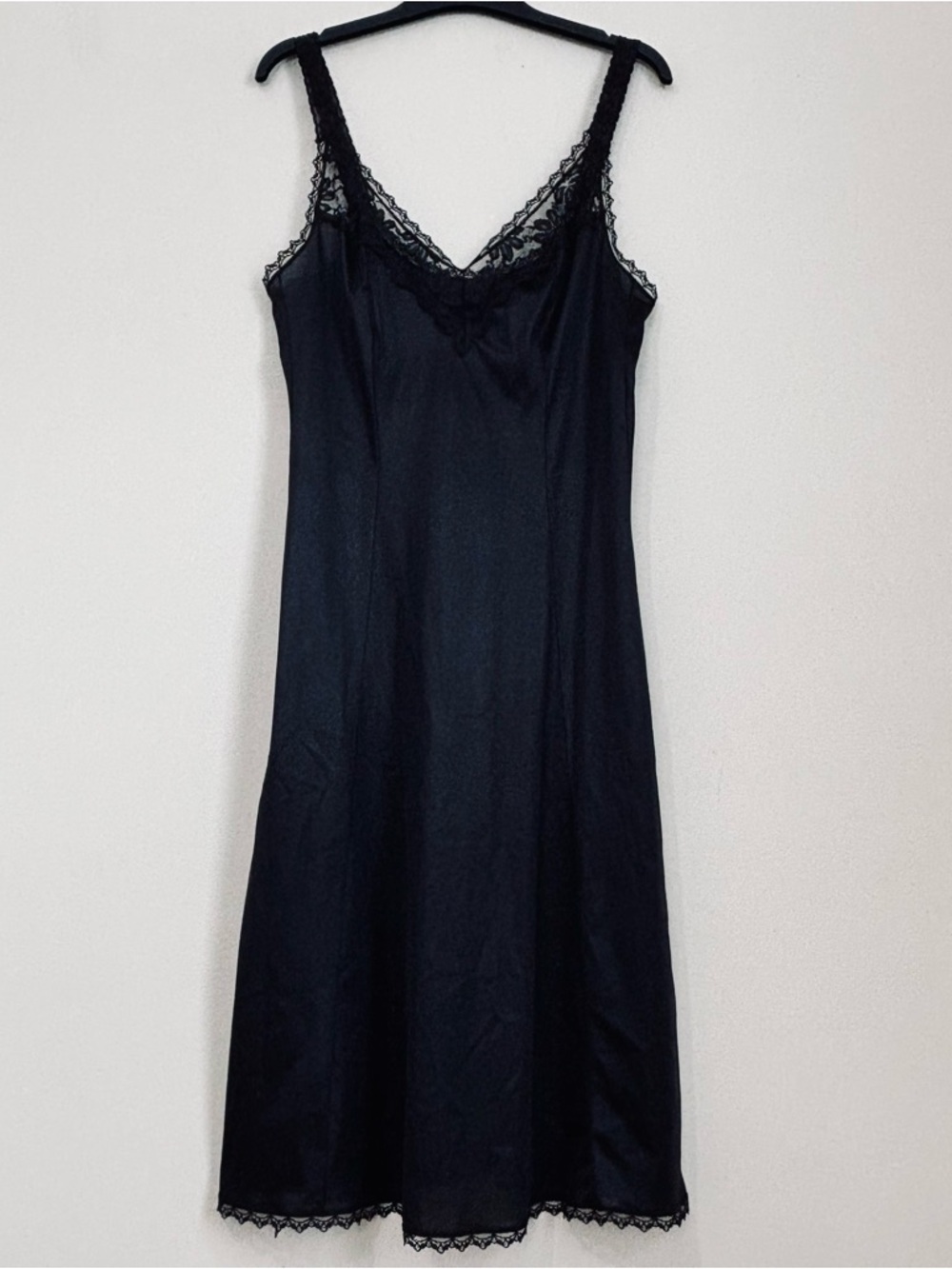 Vintage Maidenform feminine Satin Midi Slip Dress 36 Black Lace Trim Goth Glam